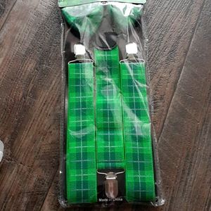 St. Patrick's Day Green Plaid Suspenders Bow Tie